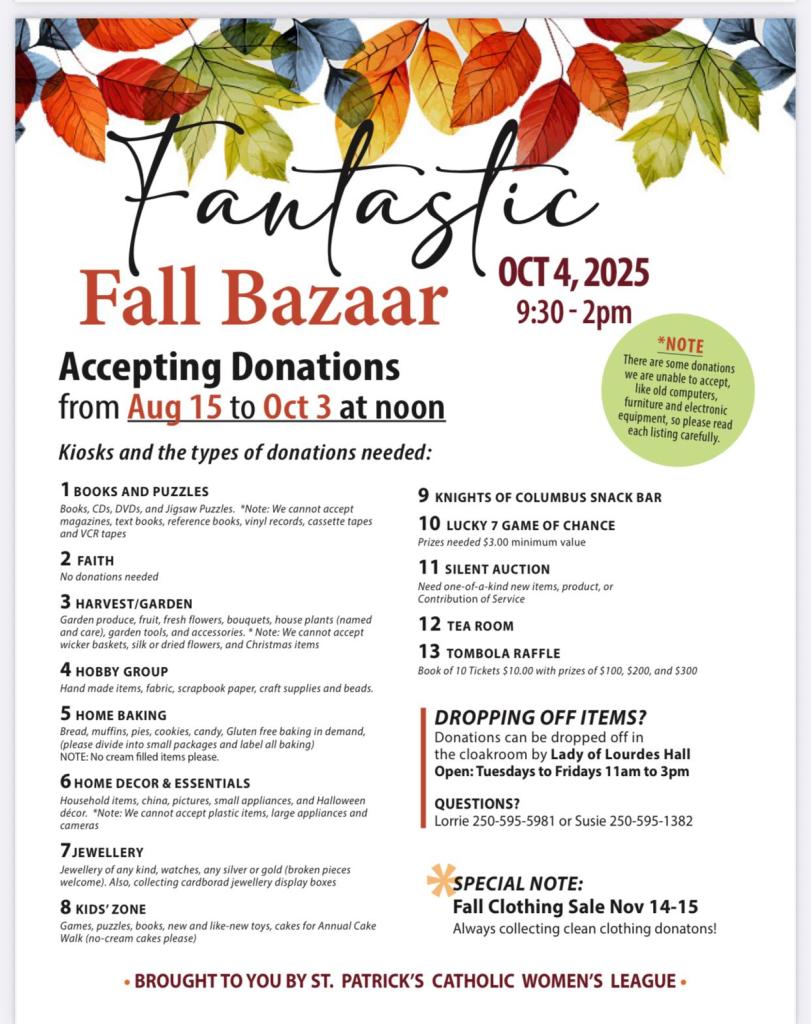 Details of the Fantastic Fall Bazaar on October 4, 2025, at St. Pat's Church Hall in Victoria, BC.